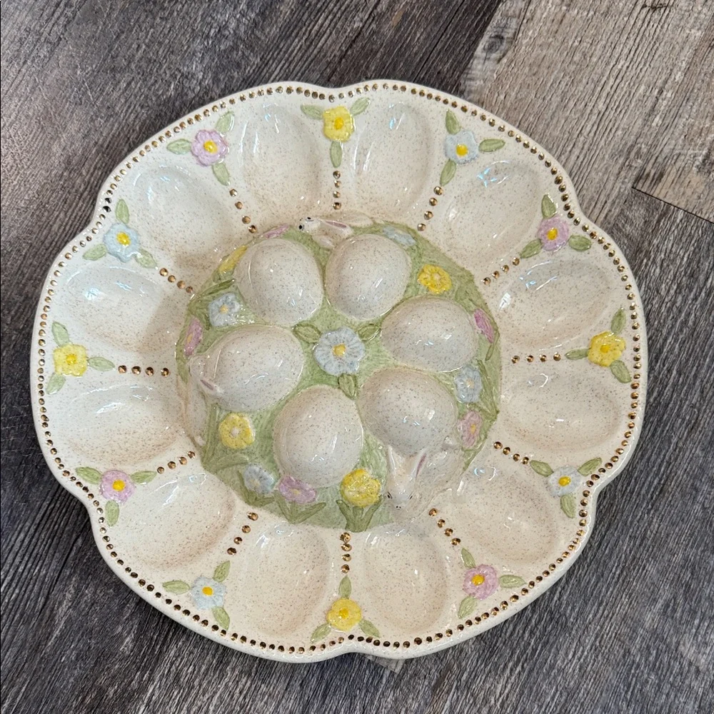 Vintage Easter Floral and Bunny Ceramic Egg Plate